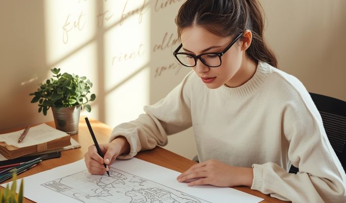 lucid-origin_a_design_student_sitting_at_a_desk_with_a_large_sheet_of_paper_and_various_color-0 (1)